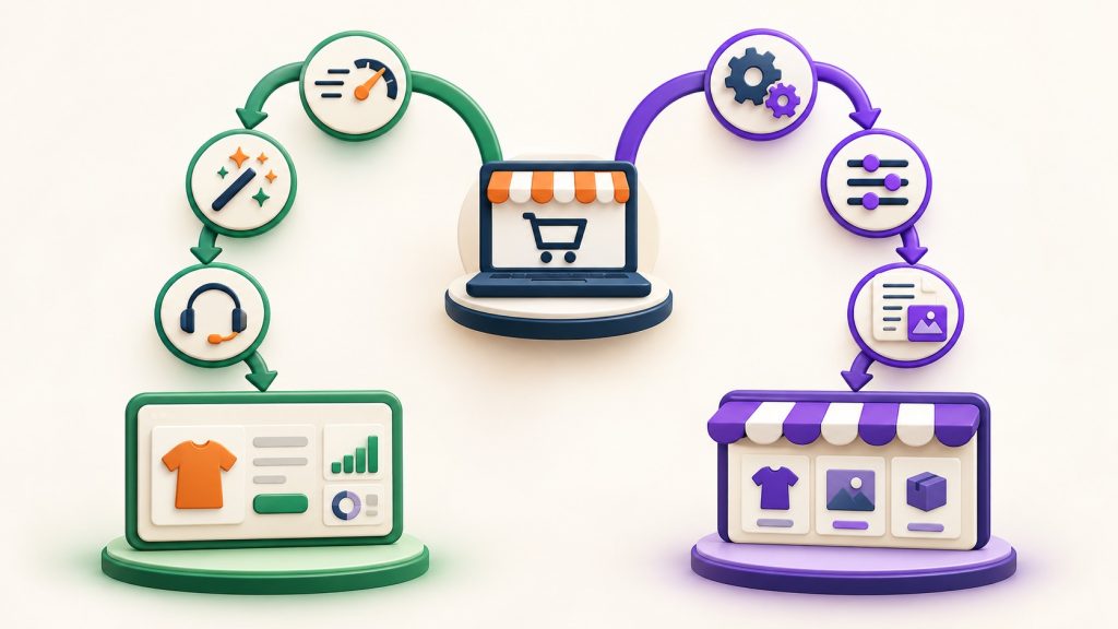 Arbre de décision visuel pour choisir entre Shopify et WooCommerce