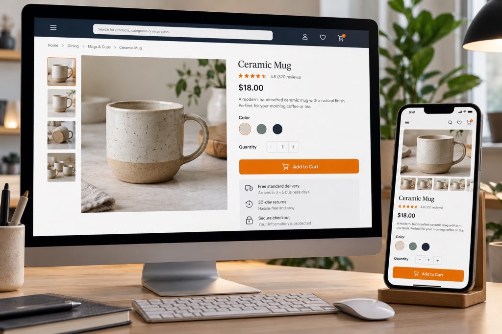 Exemple réaliste de fiche produit e-commerce affichée sur ordinateur et mobile
