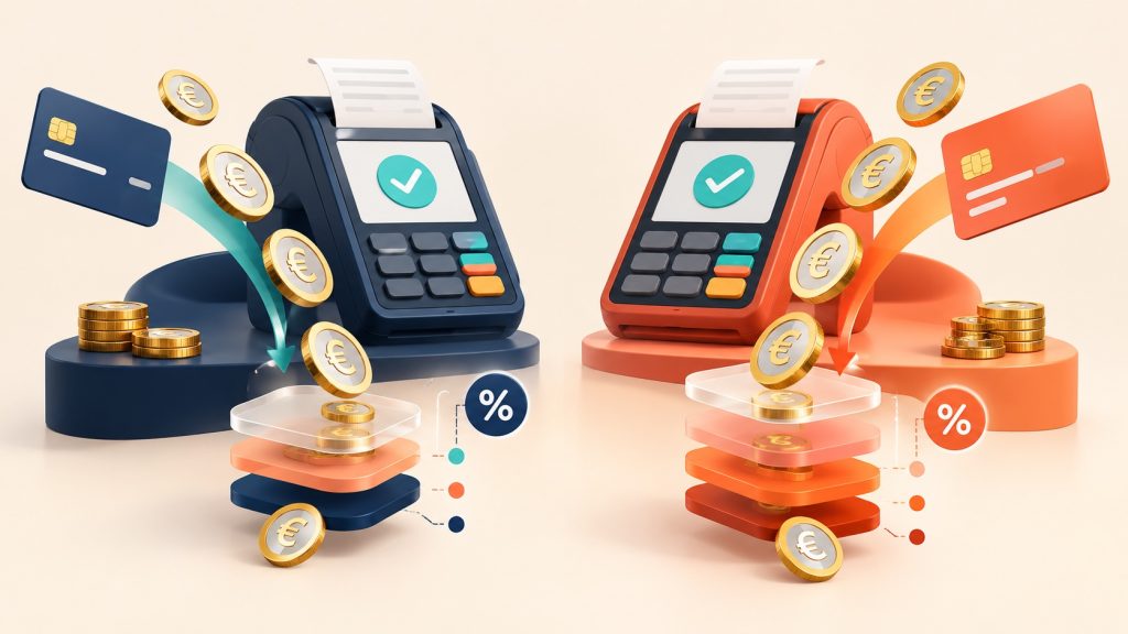 Comparaison visuelle des frais de paiement Shopify et WooCommerce en euros