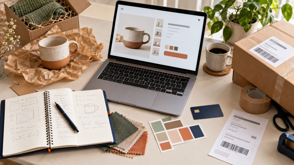 Préparation réaliste d’une boutique Shopify avec produits, ordinateur et emballages