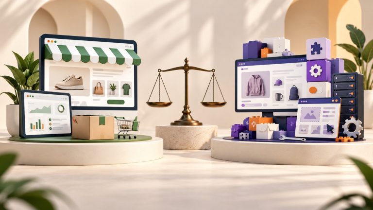 Comparaison visuelle entre une boutique Shopify clé en main et une boutique WooCommerce modulaire
